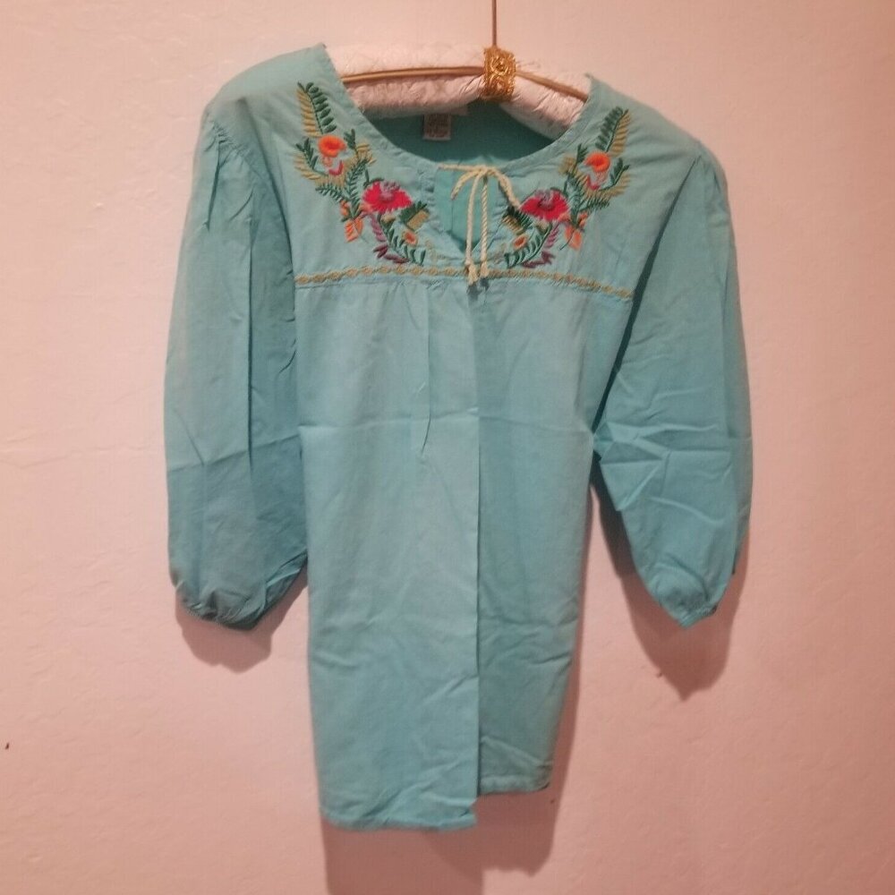Millenium Women's 3/4 Sleeves Embroidered Blouse Tie Neck Cotton Blue Size Large